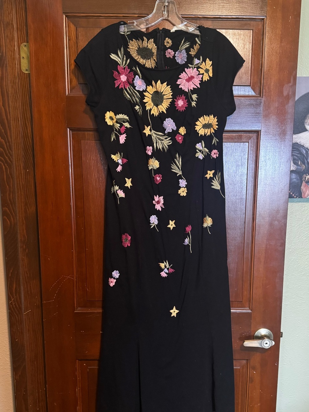 eshakti Black Midi Dress with Yellow and Pink Floral Embroidery